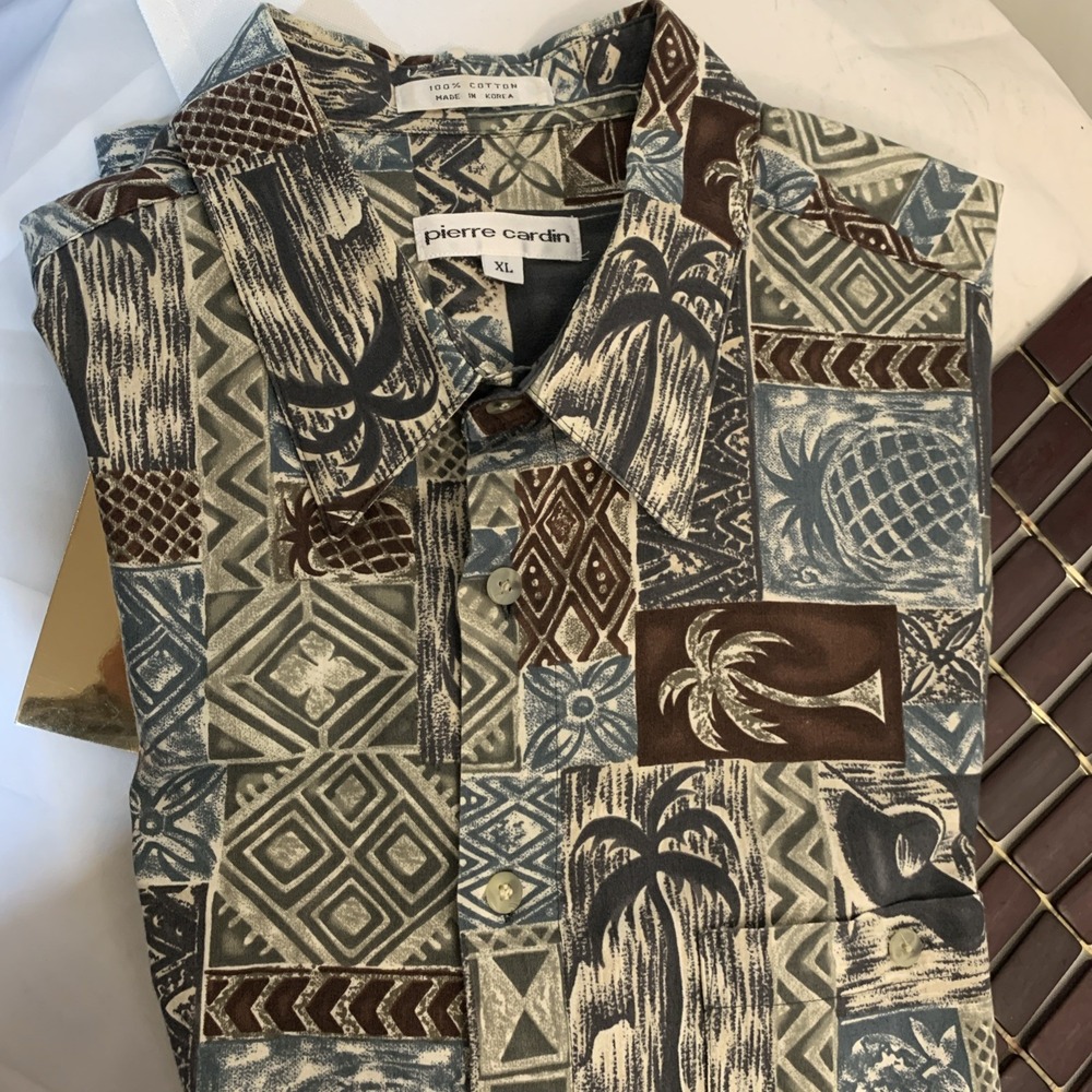 VTG PIERRE CARDIN Men X Large Cotton Blue PalmFloral Short‎ Sleeve Beach Shirt
